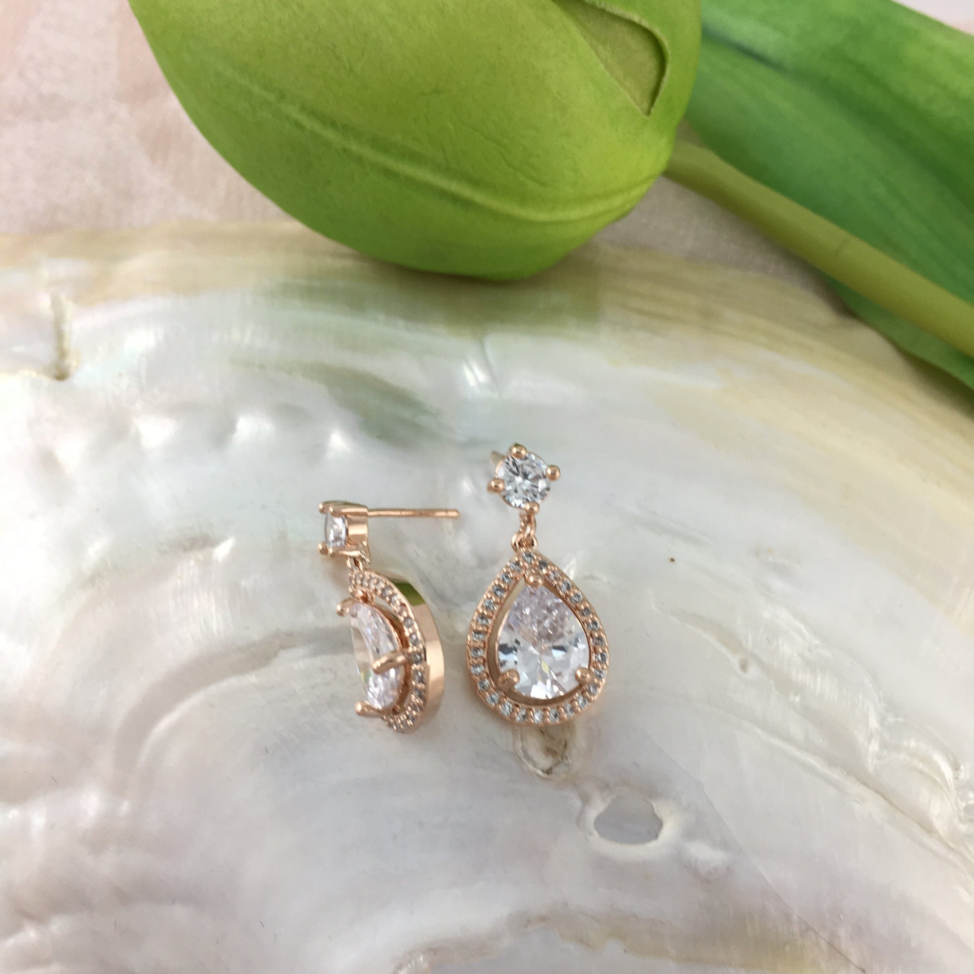 Bridal Cubic Zirconia Halo Tear Drop Earrings, 18K Plated | Bellaire Wholesale