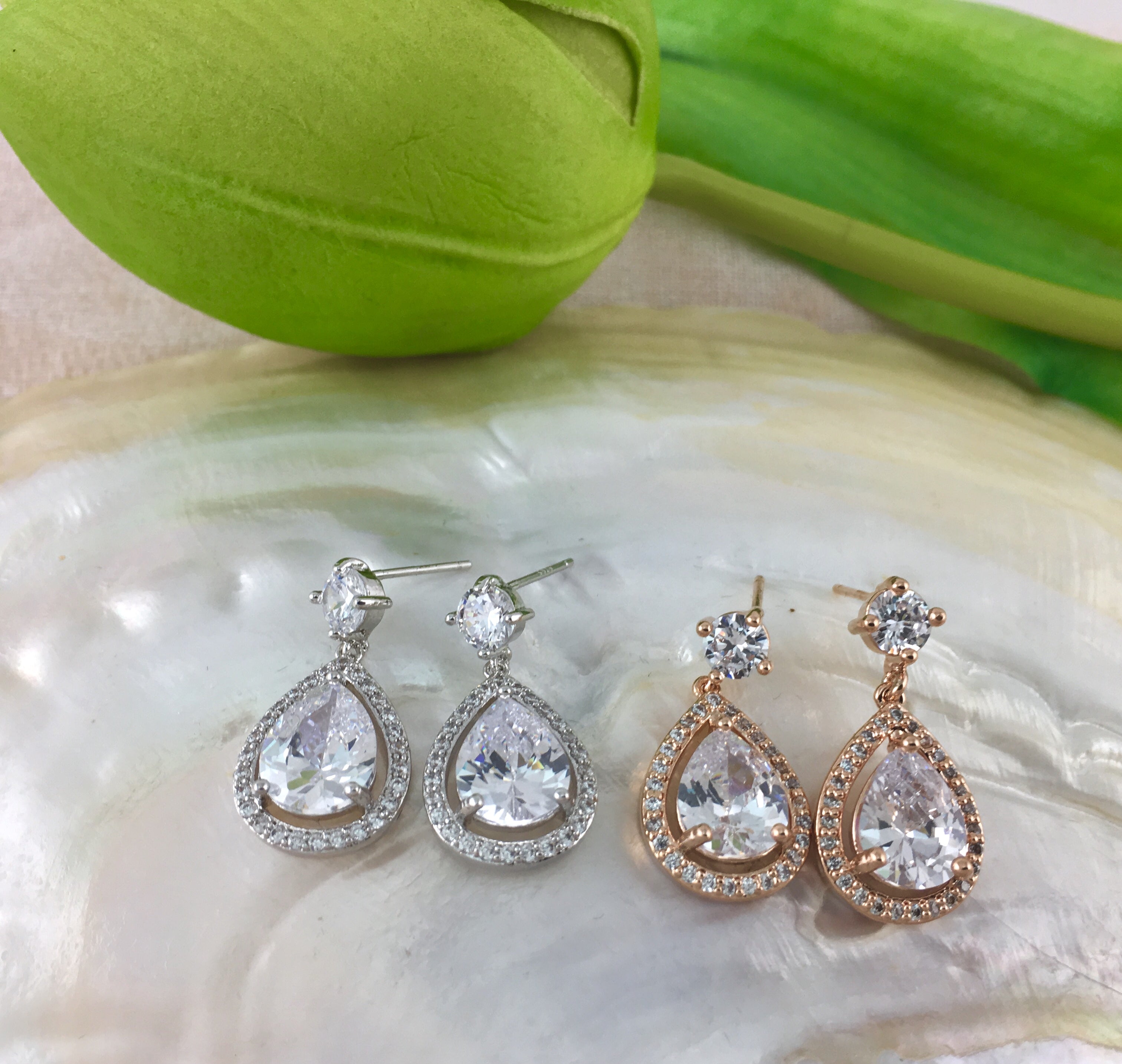 Bridal Cubic Zirconia Halo Tear Drop Earrings, 18K Plated | Bellaire Wholesale