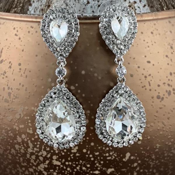 Crystal Double Teardrop Earrings, Silver | Bellaire Wholesale