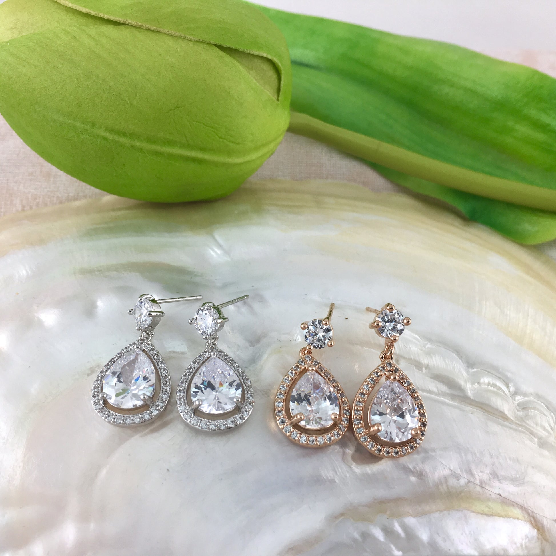Bridal Cubic Zirconia Halo Tear Drop Earrings, 18K Plated | Bellaire Wholesale
