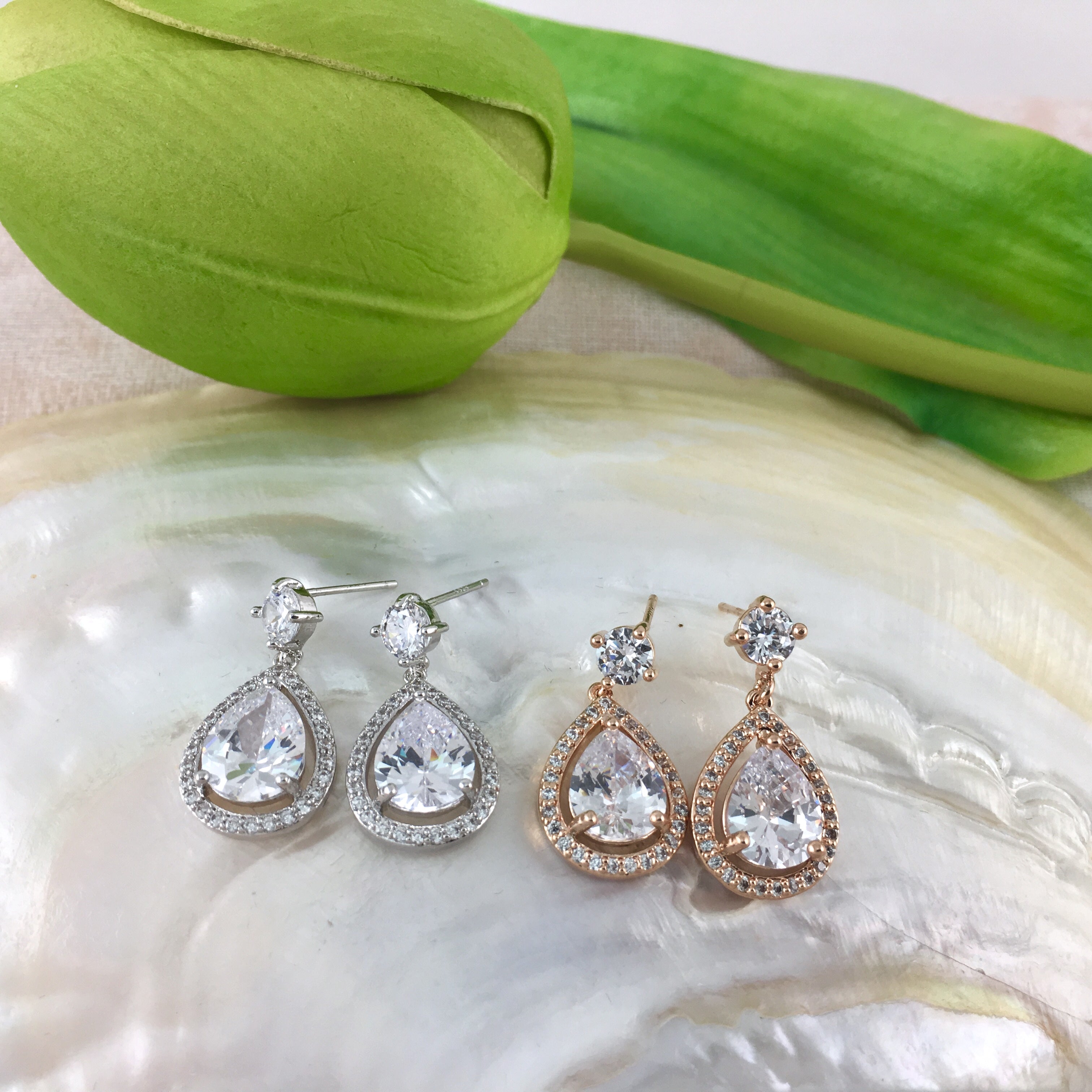 Bridal Cubic Zirconia Halo Tear Drop Earrings, 18K Plated | Bellaire Wholesale