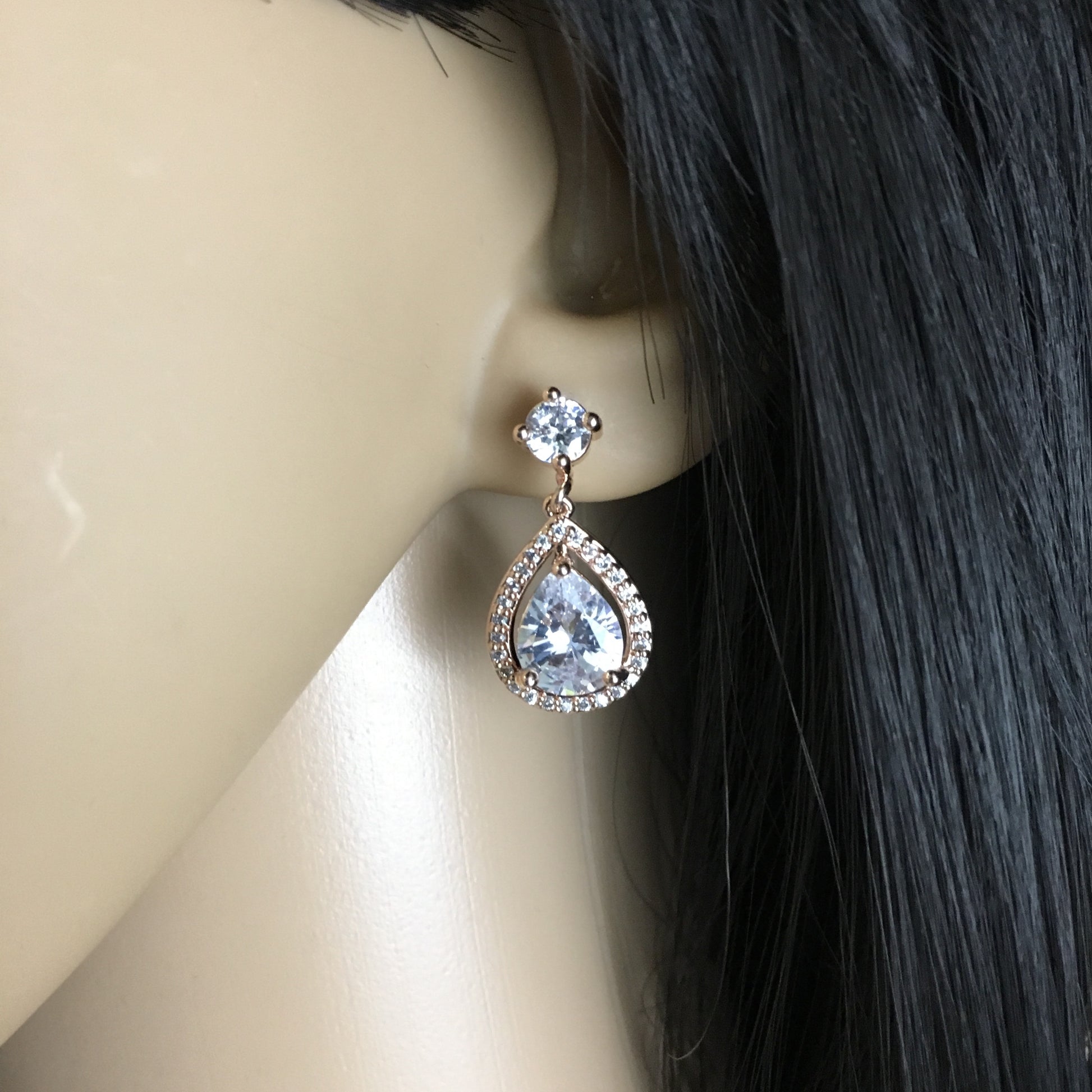 Bridal Cubic Zirconia Halo Tear Drop Earrings, 18K Plated | Bellaire Wholesale