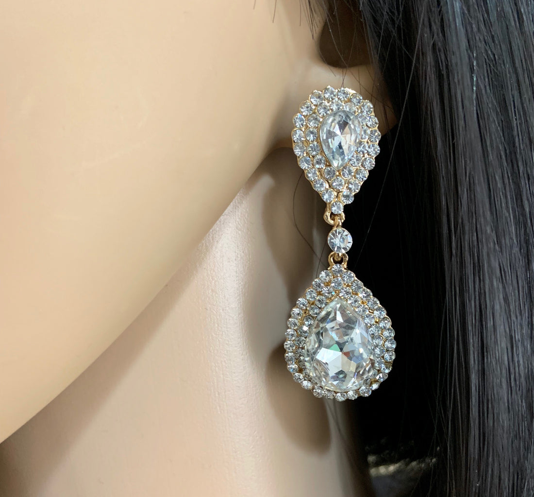 Crystal Double Teardrop Earrings, Gold | Bellaire Wholesale