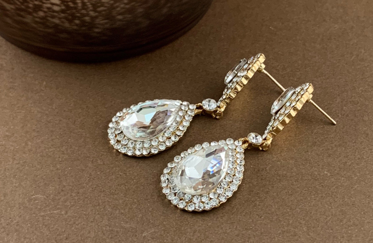 Crystal Double Teardrop Earrings, Gold | Bellaire Wholesale