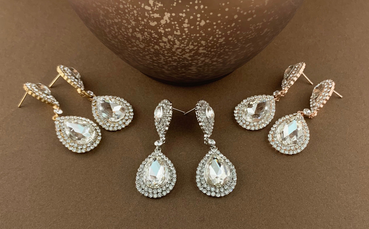 Crystal Double Teardrop Earrings, Gold | Bellaire Wholesale