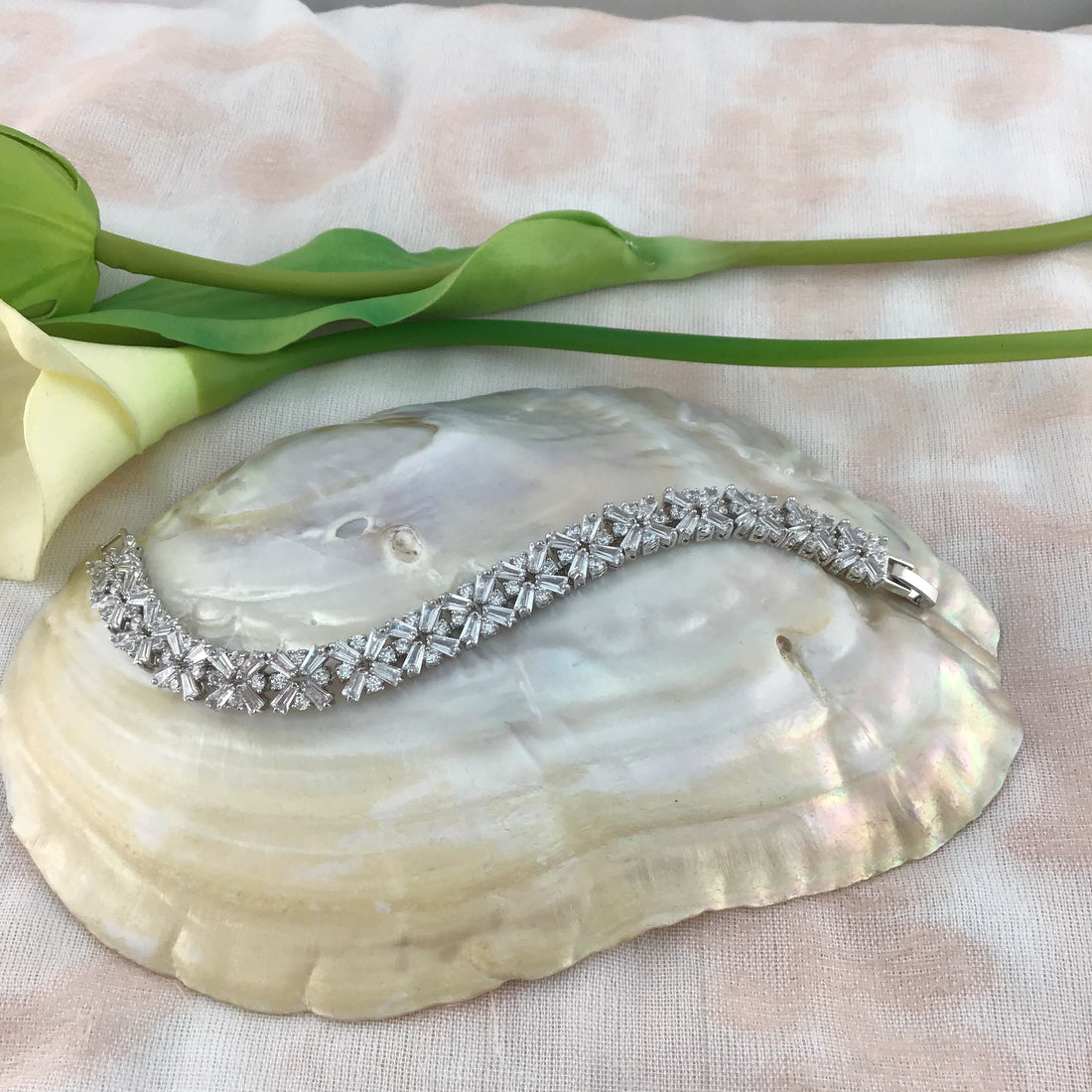 Cubic Zirconia Baguette-Flower Bridal Bracelet | Bellaire Wholesale
