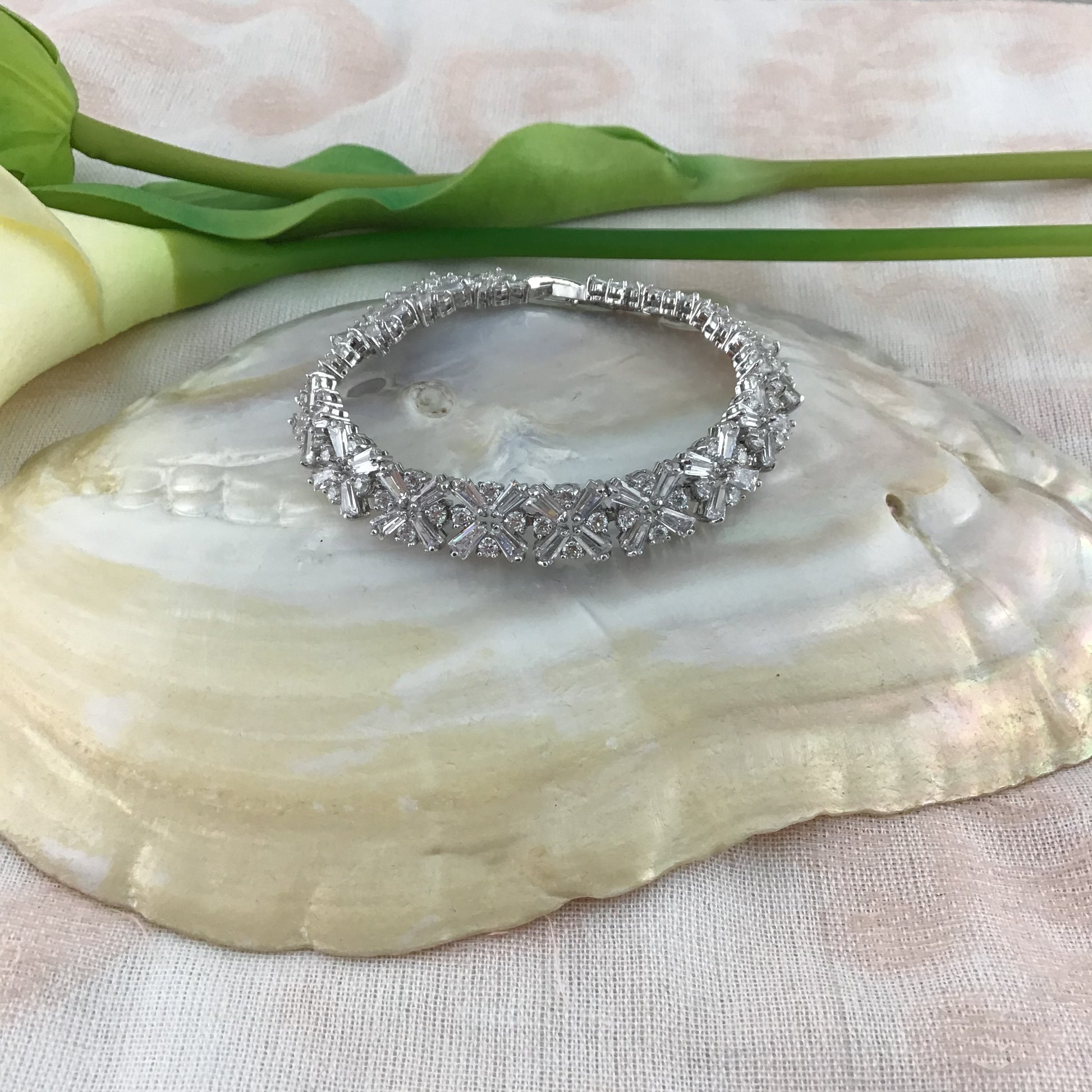 Cubic Zirconia Baguette-Flower Bridal Bracelet | Bellaire Wholesale