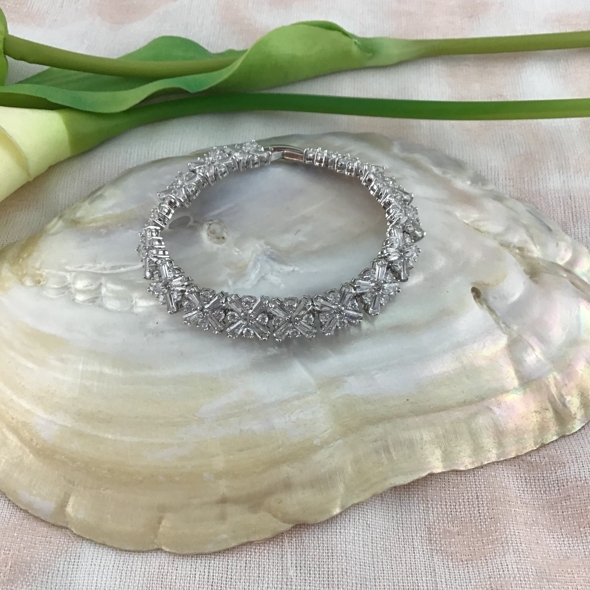 Cubic Zirconia Baguette-Flower Bridal Bracelet | Bellaire Wholesale