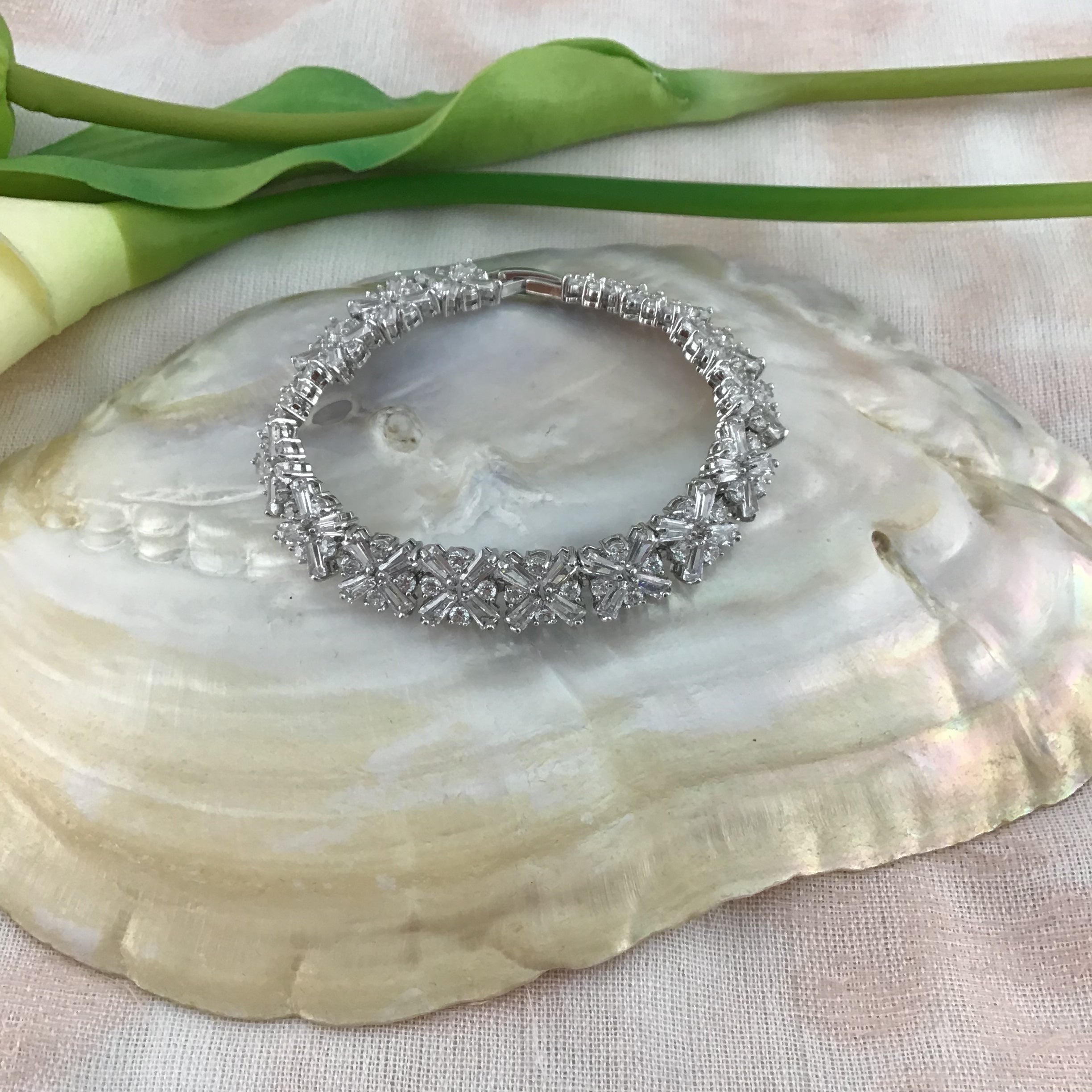 Cubic Zirconia Baguette-Flower Bridal Bracelet | Bellaire Wholesale