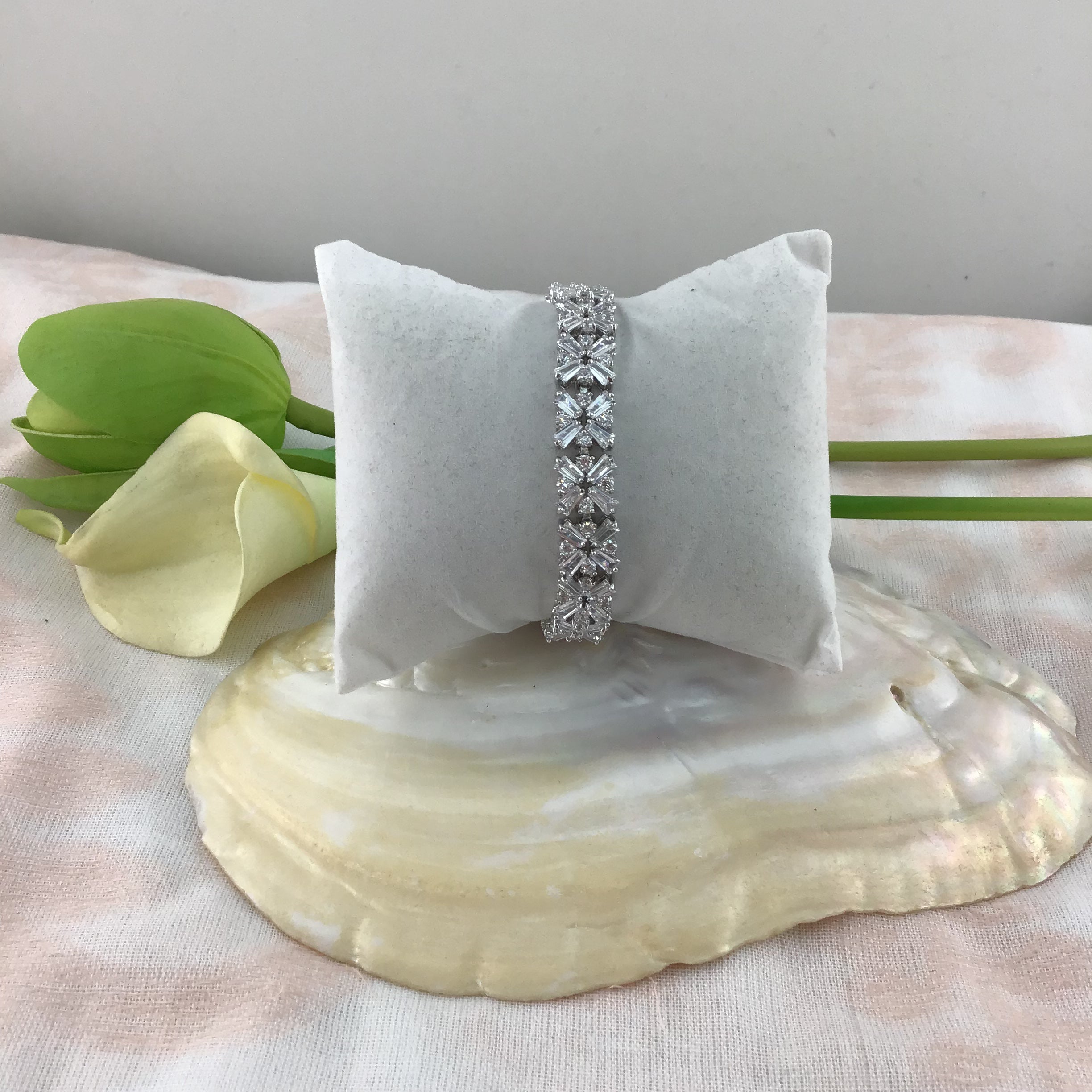 Cubic Zirconia Baguette-Flower Bridal Bracelet | Bellaire Wholesale