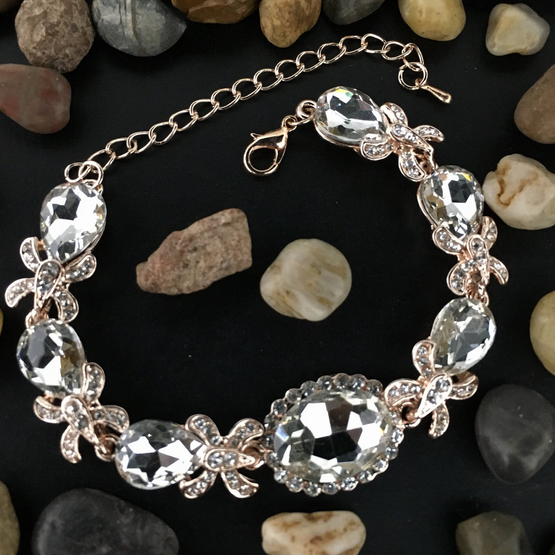 Crystal FancyOval Shape Rose Gold Bridal Bracelet | BellaireWholesale