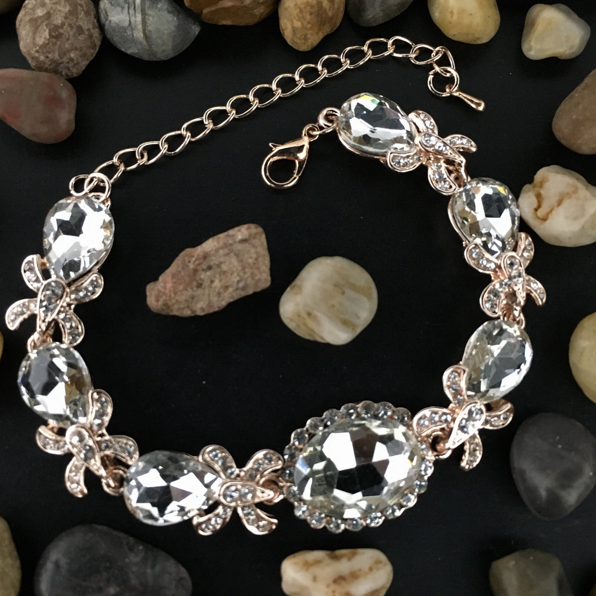 Crystal FancyOval Shape Rose Gold Bridal Bracelet | BellaireWholesale