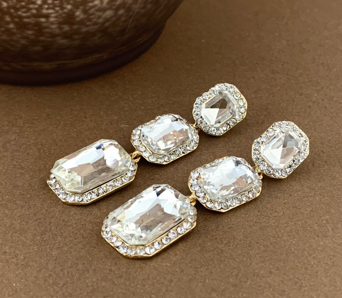 Crystal Princess Cut Earrings, Gold | Bellaire Wholesale