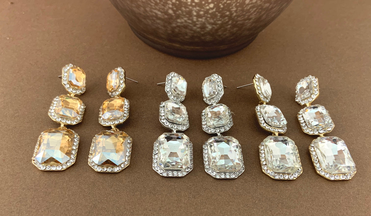 Crystal Princess Cut Earrings, Gold | Bellaire Wholesale