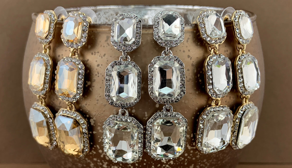 Crystal Princess Cut Earrings, Gold | Bellaire Wholesale