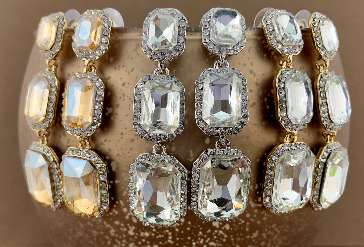 Crystal Princess Cut Earrings, Silver | Bellaire Wholesale