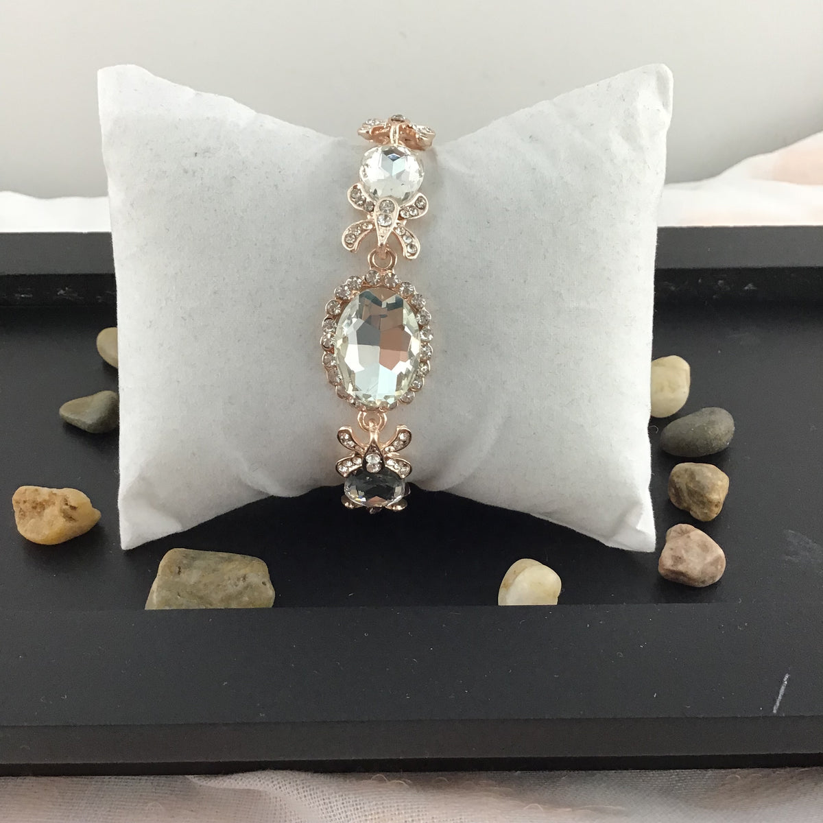 Crystal FancyOval Shape Rose Gold Bridal Bracelet | BellaireWholesale
