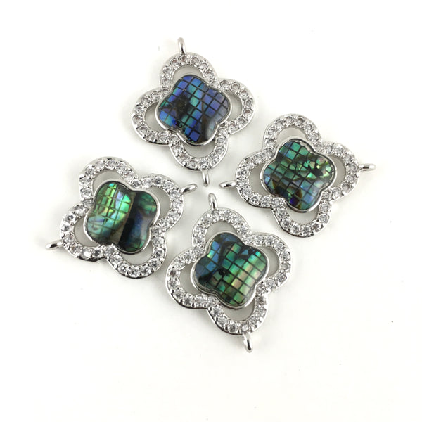 Abalone Shell Clover Shape CZ Pave Connector, Silver | Bellaire Wholesale