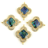 Abalone Shell Clover Shape CZ Pave Connector, Gold | Bellaire Wholesale