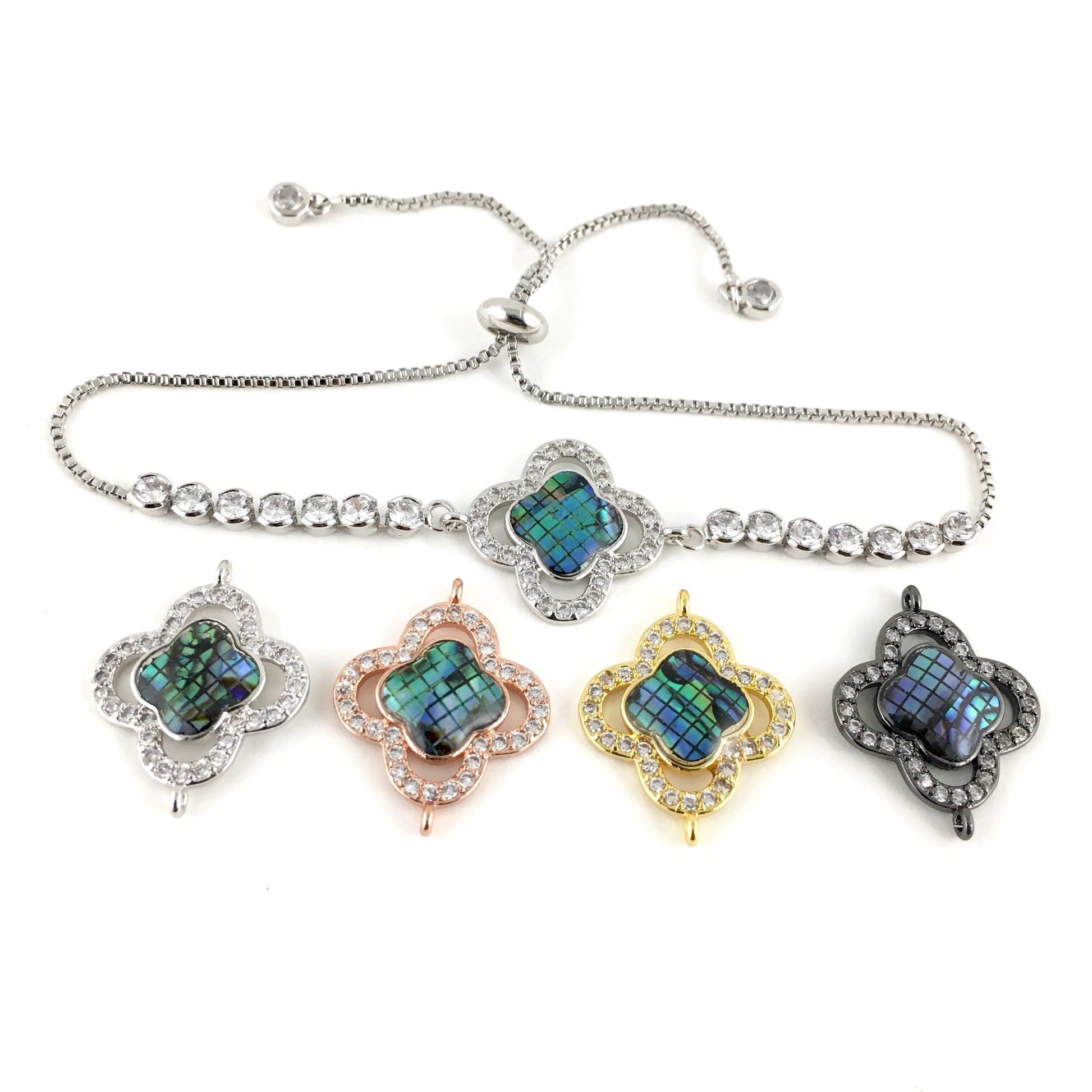 Abalone Shell Clover Shape CZ Pave Connector, Rose Gold | Bellaire Wholesale