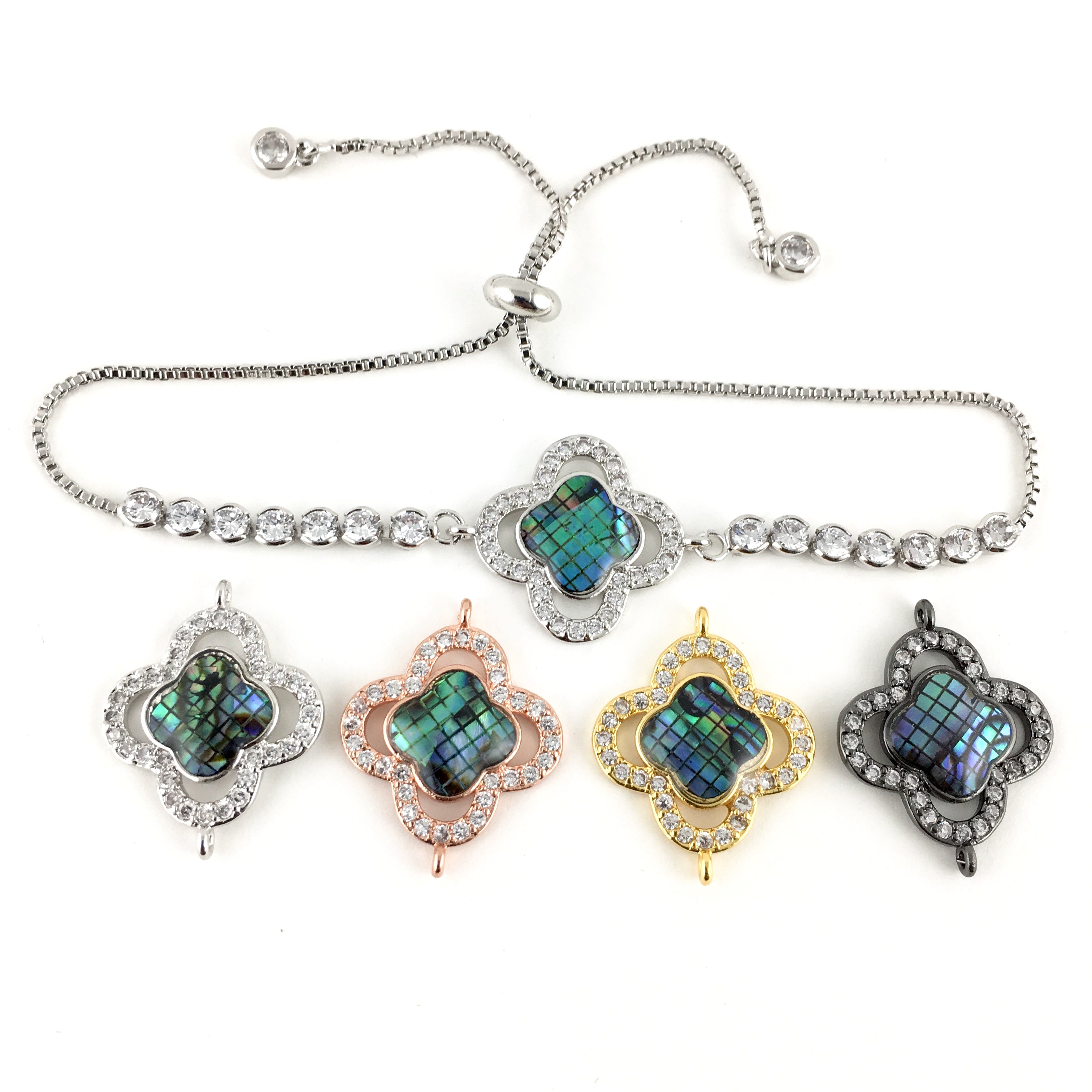 Abalone Shell Clover Shape CZ Pave Connector, Silver | Bellaire Wholesale