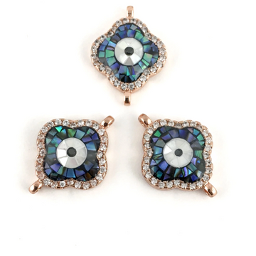 Clover Shape Evil Eye CZ Pave Connector, Rose Gold | Bellaire Wholesale