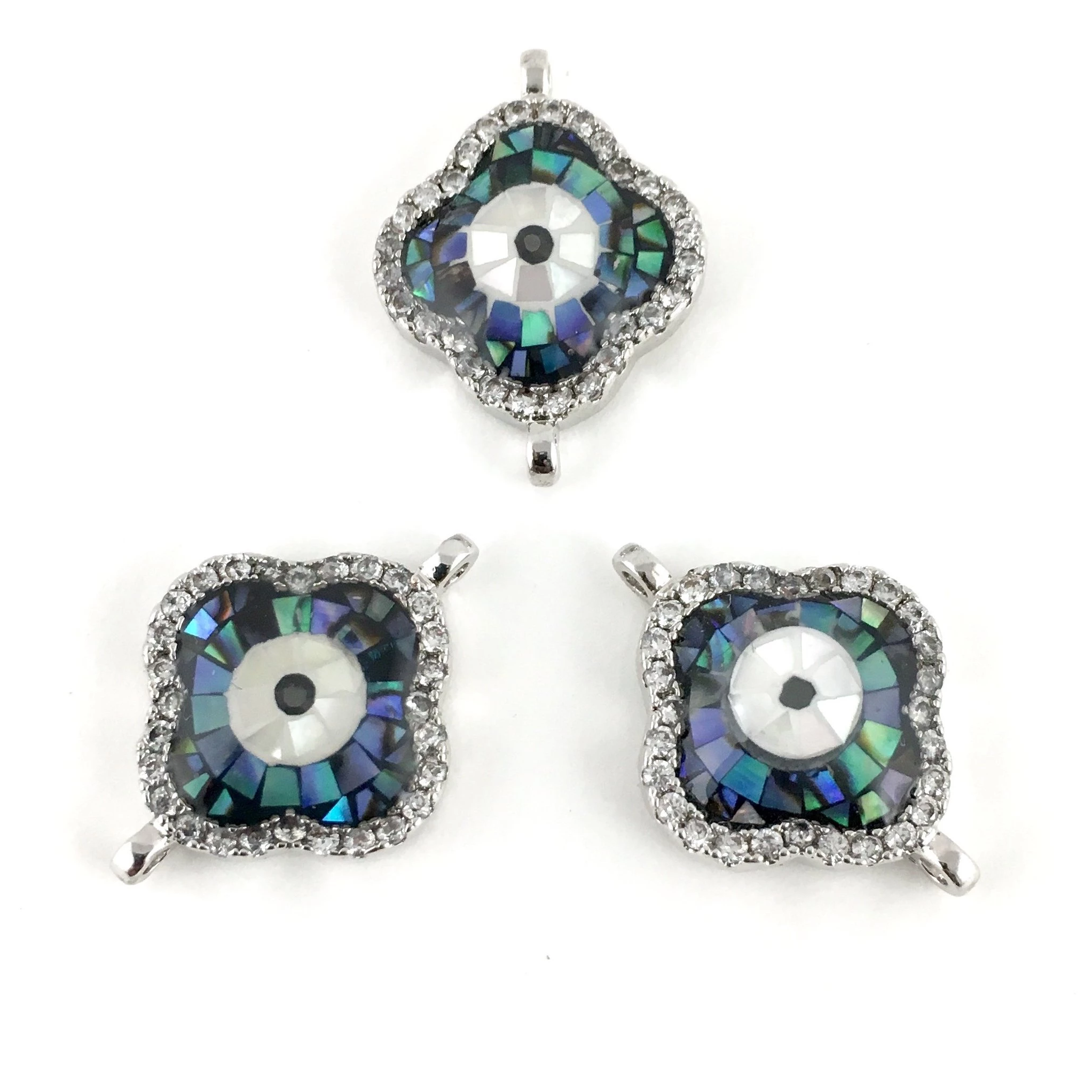 Clover Shape Evil Eye CZ Pave Connector, Silver | Bellaire Wholesale