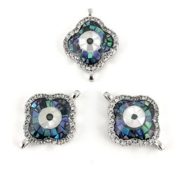 Clover Shape Evil Eye CZ Pave Connector, Silver | Bellaire Wholesale