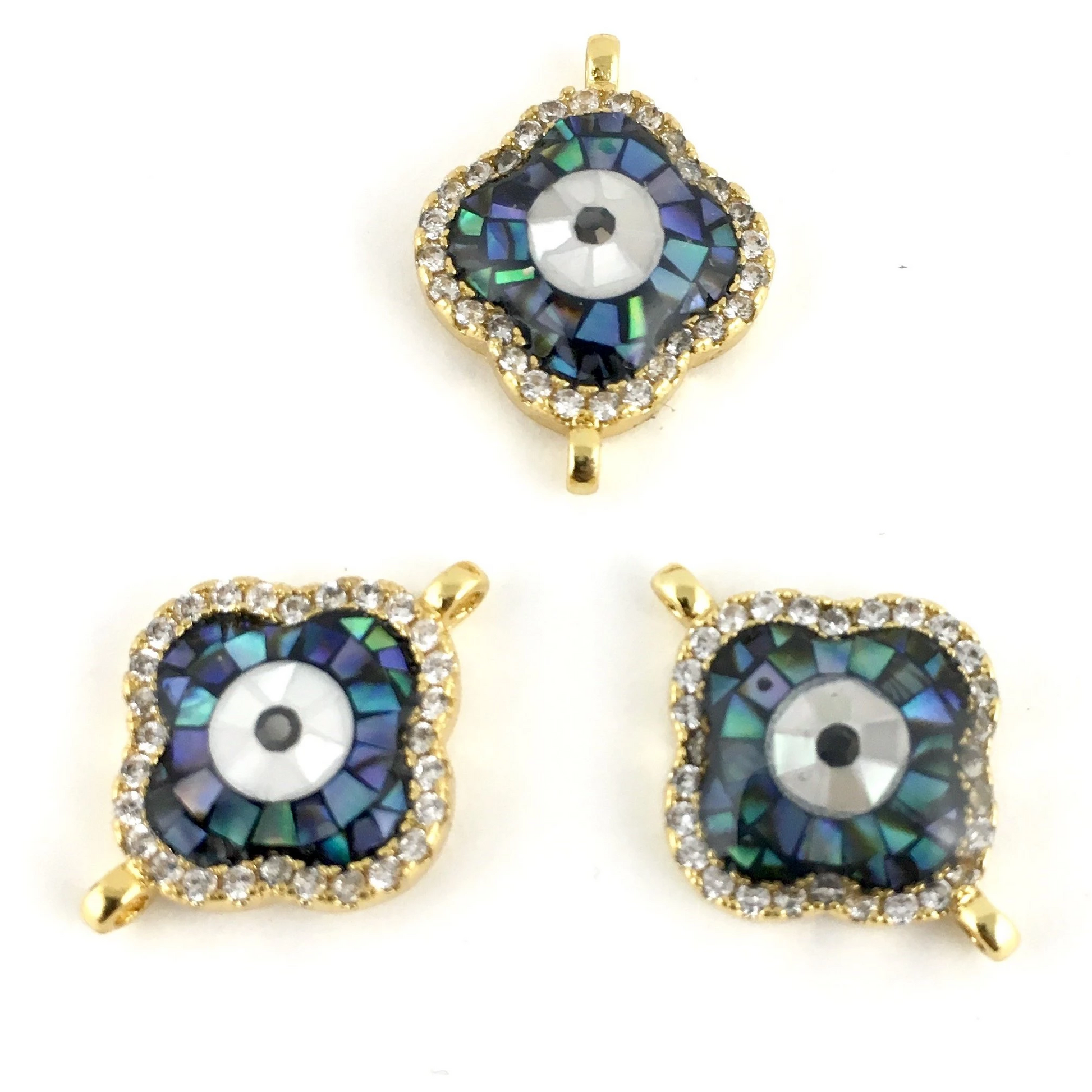 Clover Shape Evil Eye CZ Pave Connector, Gold | Bellaire Wholesale