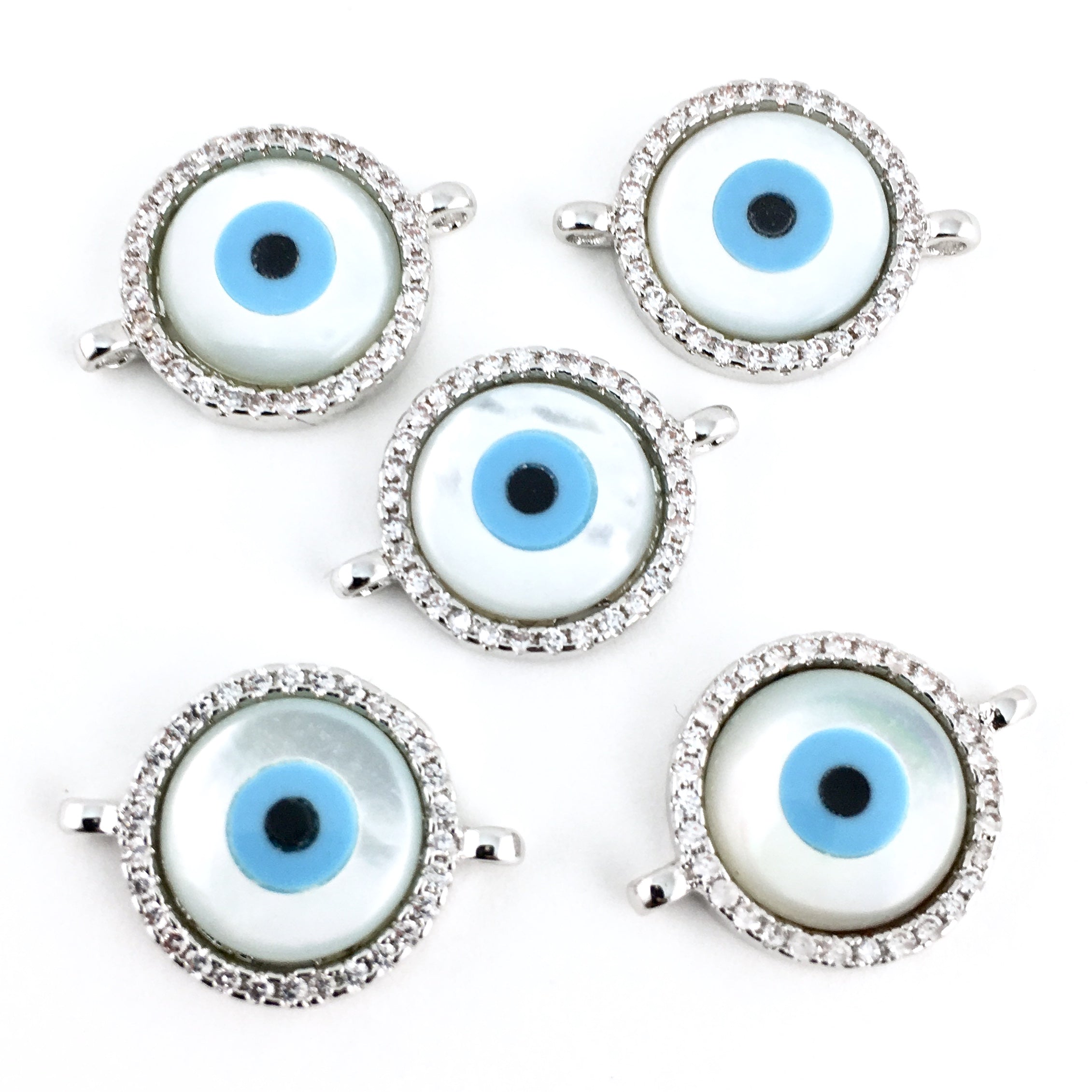 Round Blue Evil Eye CZ Pave Connector, Silver | Bellaire Wholesale