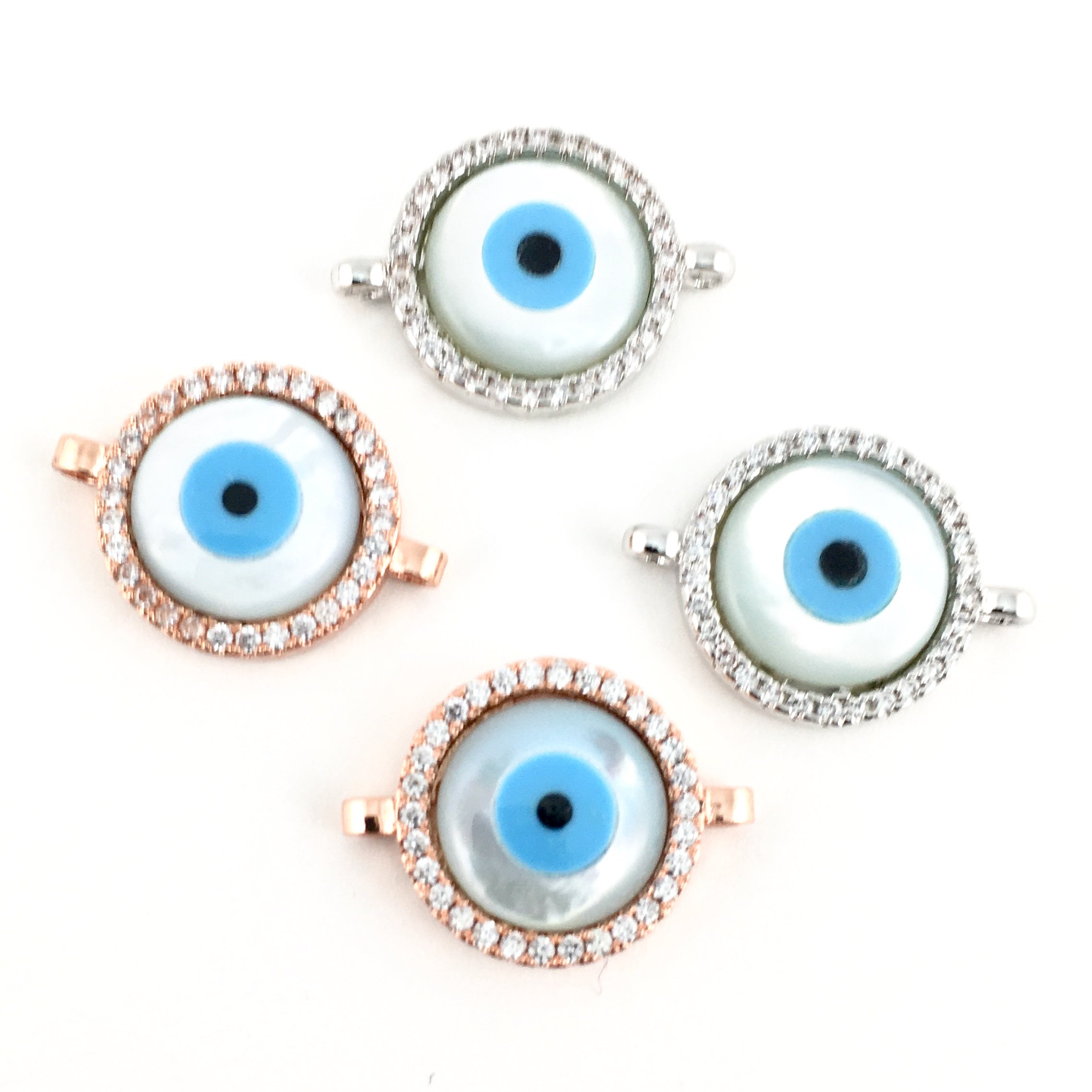 Round Blue Evil Eye CZ Pave Connector, Rose Gold | Bellaire Wholesale