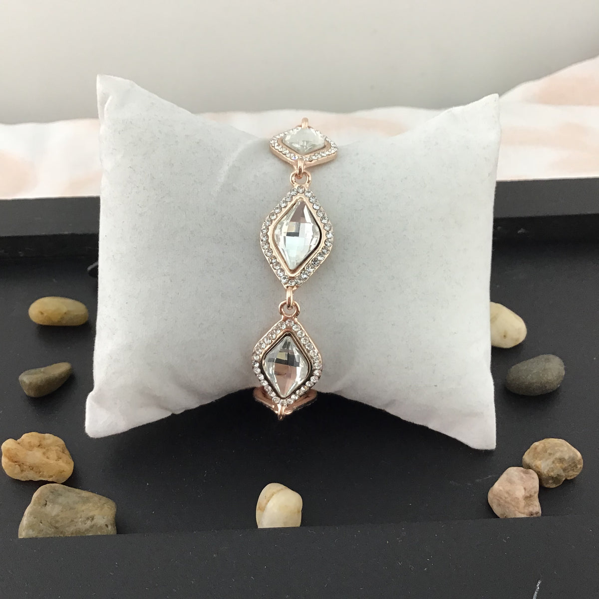 Crystal Diamond Shape Rose Gold Bridal Bracelet | Bellaire Wholesale