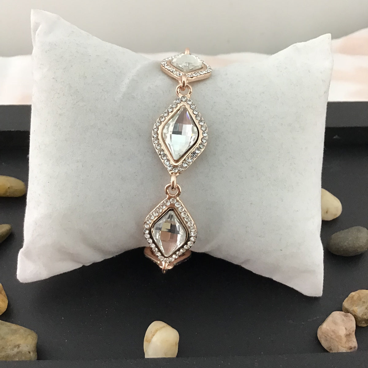 Crystal Diamond Shape Rose Gold Bridal Bracelet | Bellaire Wholesale