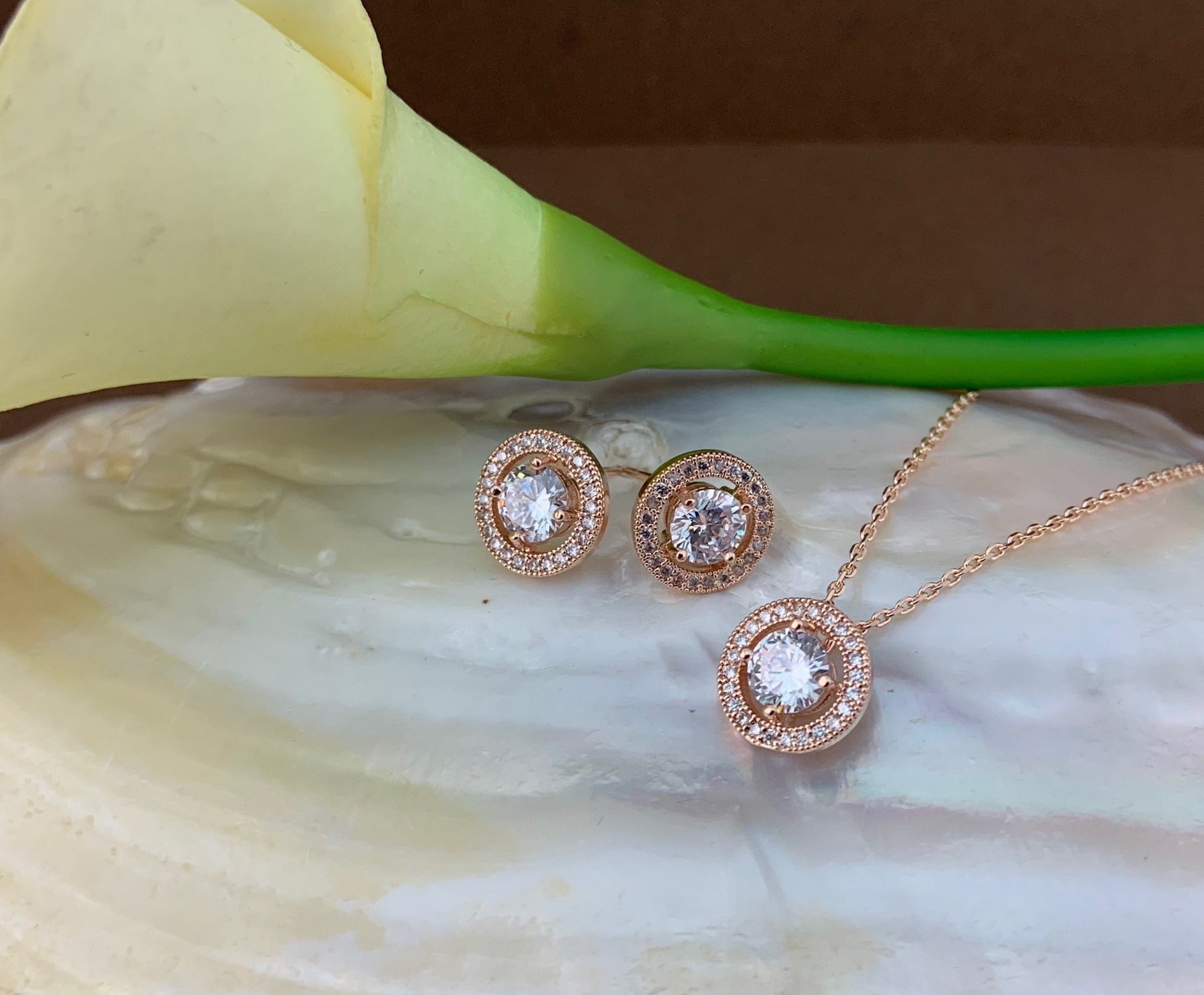 Bridal Cubic Zirconia Set, Small Round Halo Style Rose Gold Bridal Set | Bellaire Wholesale