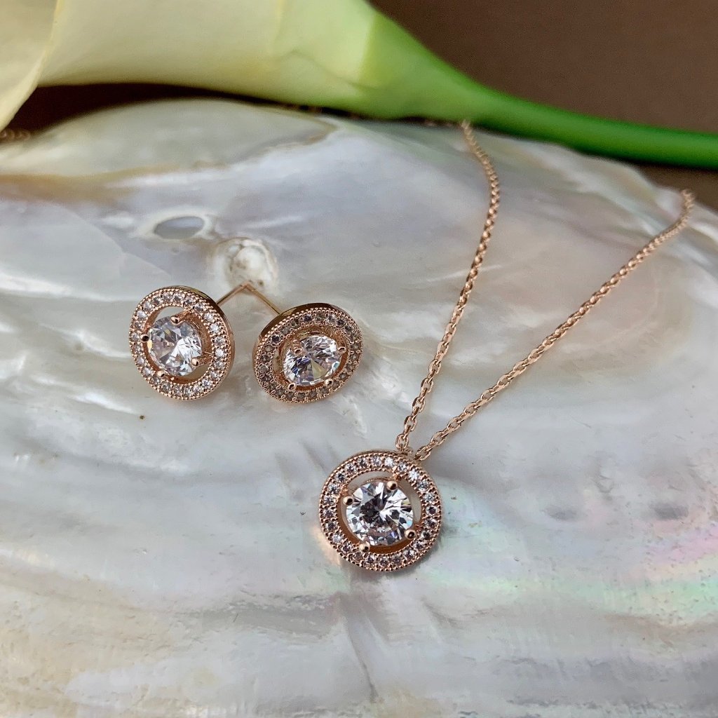 Bridal Cubic Zirconia Set, Small Round Halo Style Rose Gold Bridal Set | Bellaire Wholesale