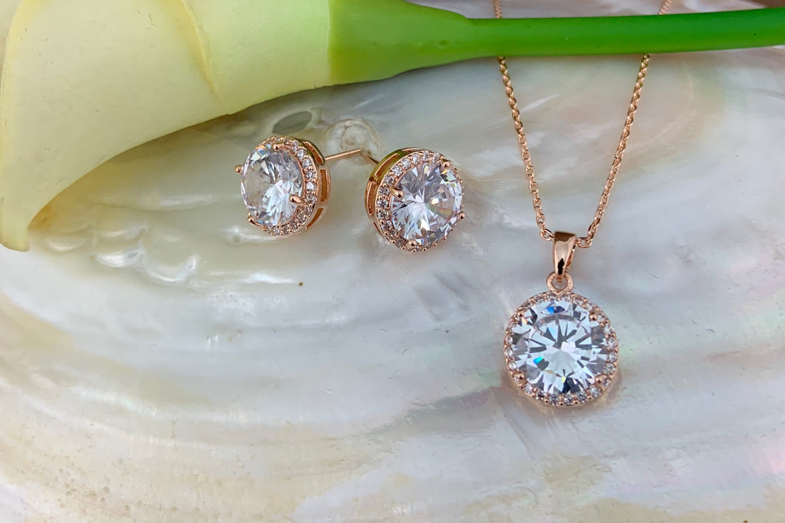 Bridal Cubic Zirconia Set, Big Round Halo Style Rose Gold Bridal Set | Bellaire Wholesale
