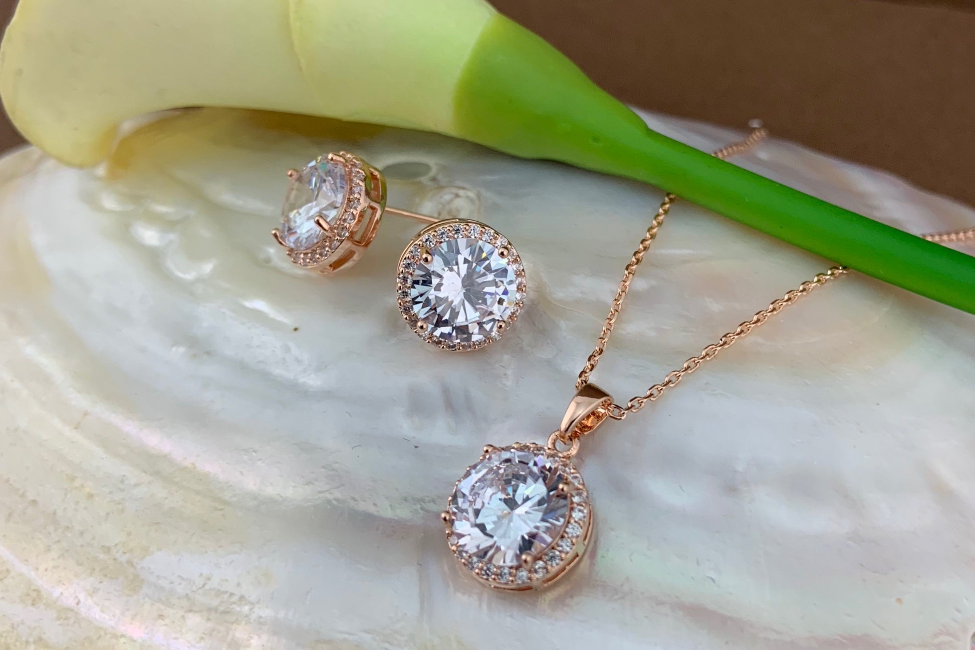 Bridal Cubic Zirconia Set, Big Round Halo Style Rose Gold Bridal Set | Bellaire Wholesale