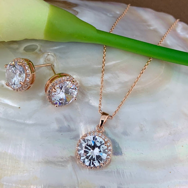 Bridal Cubic Zirconia Set, Big Round Halo Style Rose Gold Bridal Set | Bellaire Wholesale