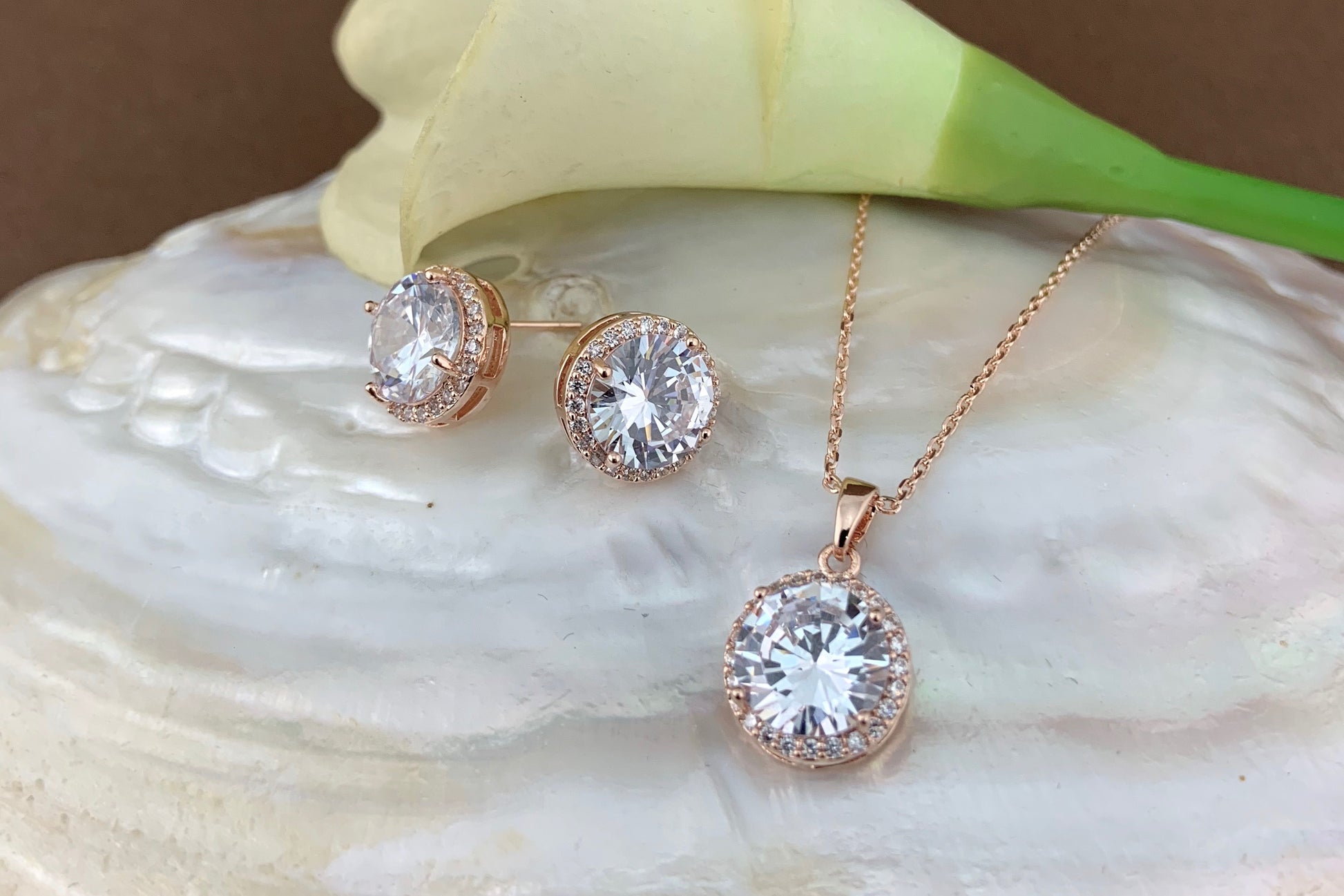 Bridal Cubic Zirconia Set, Big Round Halo Style Rose Gold Bridal Set | Bellaire Wholesale