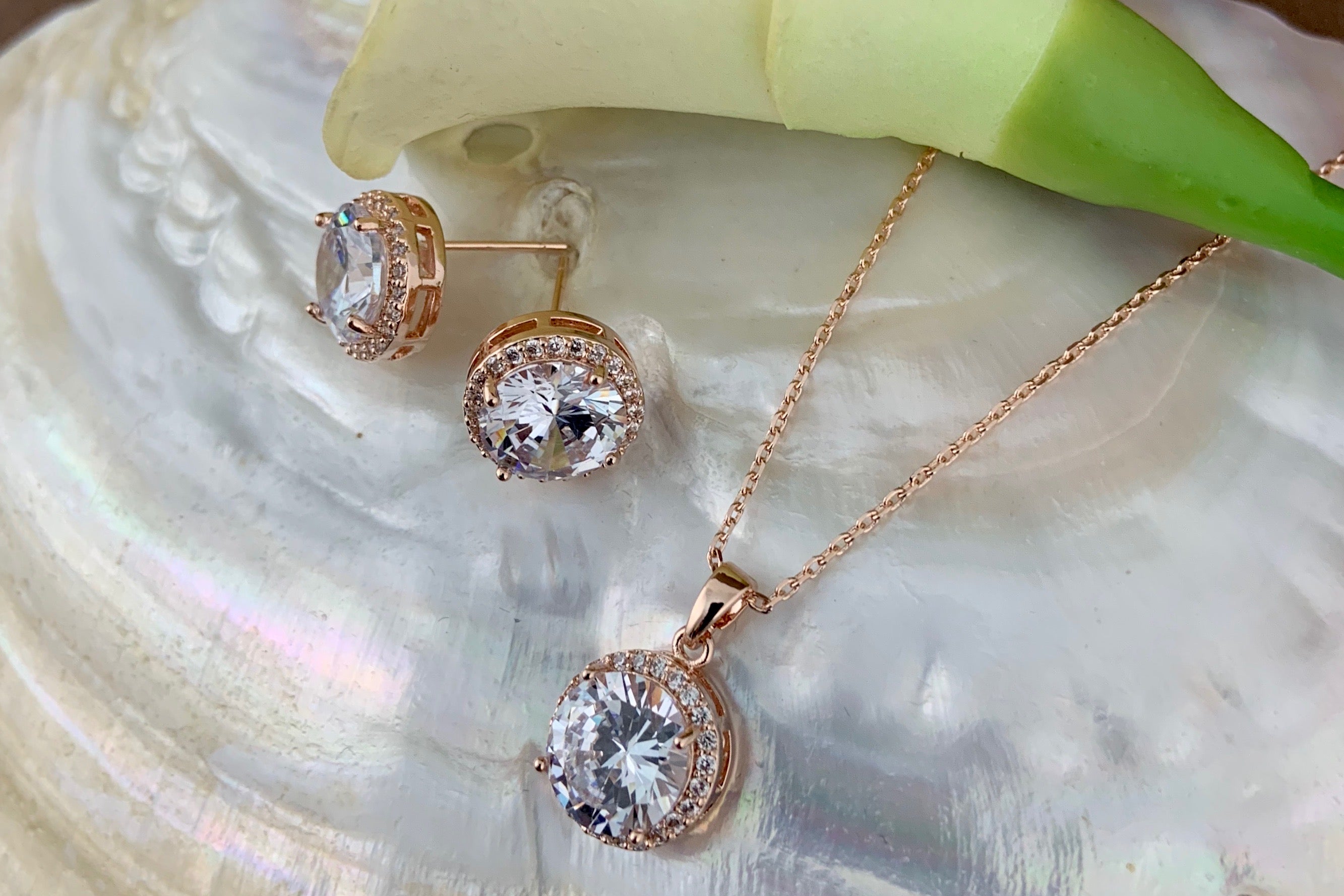 Bridal Cubic Zirconia Set, Big Round Halo Style Rose Gold Bridal Set | Bellaire Wholesale