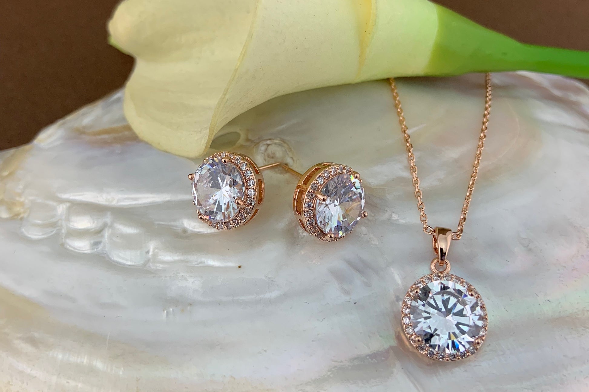 Bridal Cubic Zirconia Set, Big Round Halo Style Rose Gold Bridal Set | Bellaire Wholesale
