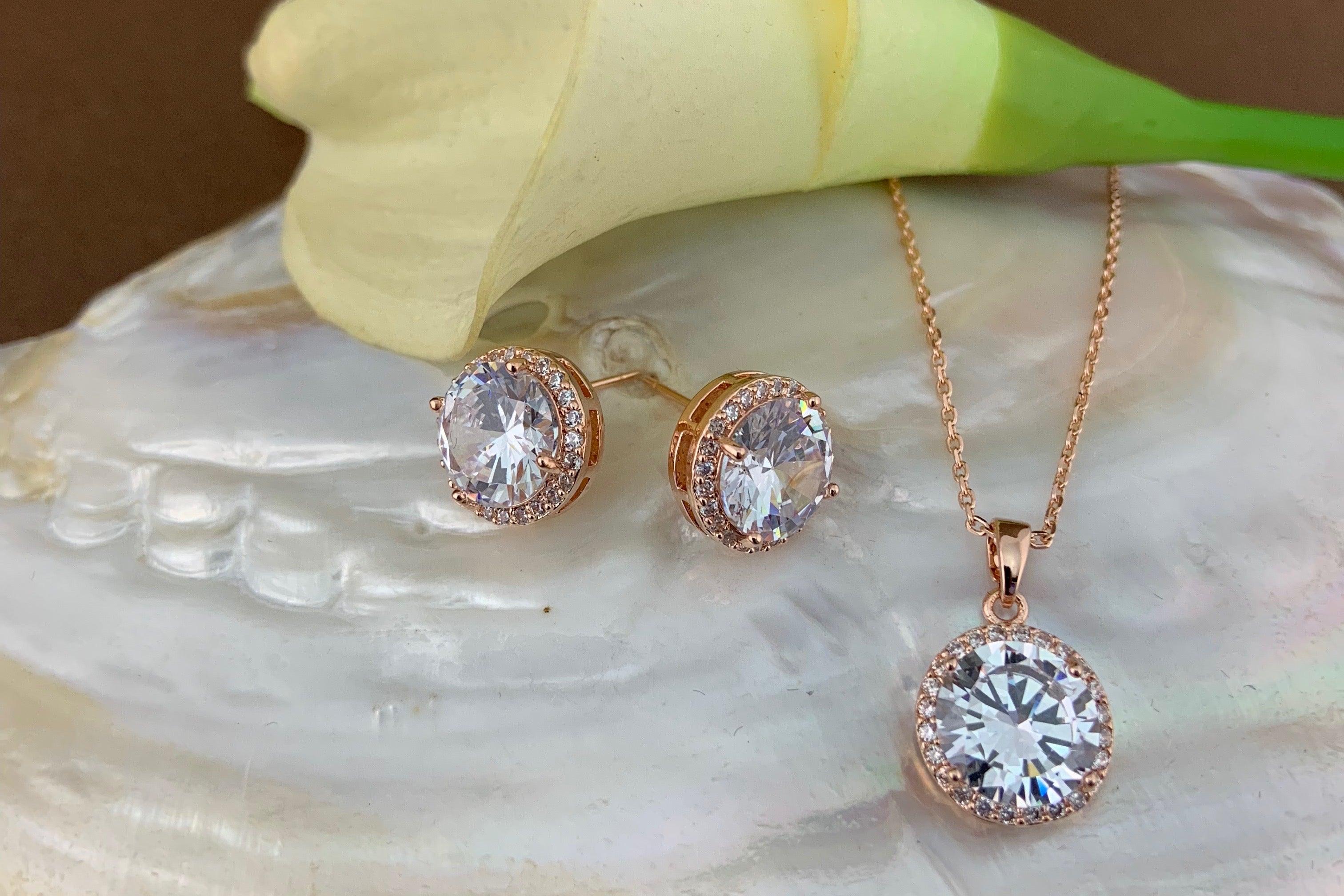 Bridal Cubic Zirconia Set, Big Round Halo Style Rose Gold Bridal Set | Bellaire Wholesale