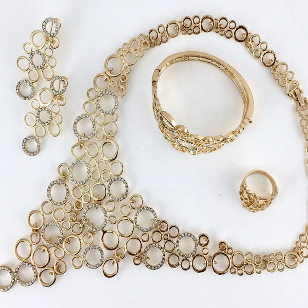 Linked Circle Clear Stone Gold Plated Necklace Set | Bellaire Wholesale