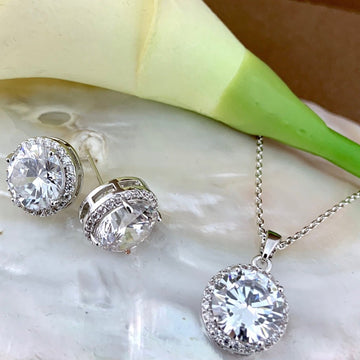 Bridal Cubic Zirconia Set, Big Round Halo Style Silver Bridal Set | Bellaire Wholesale