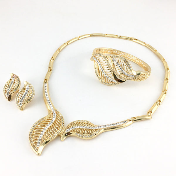 Leaf Shape GoldPlatedNecklace Set with ClearStones | BellaireWholesale