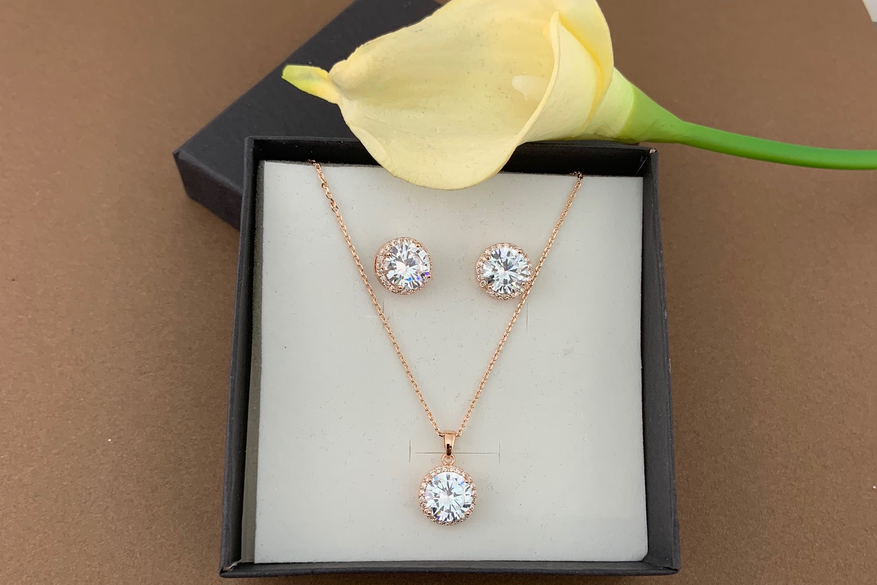Bridal Cubic Zirconia Set, Big Round Halo Style Rose Gold Bridal Set | Bellaire Wholesale