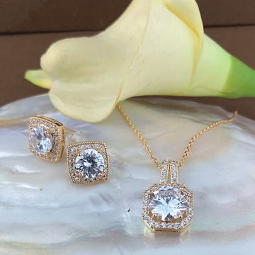 Bridal Cubic Zirconia Set, Square Halo Style Gold Bridal Set | Bellaire Wholesale