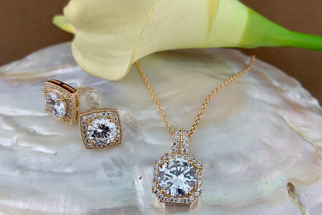 Bridal Cubic Zirconia Set, Square Halo Style Gold Bridal Set | Bellaire Wholesale