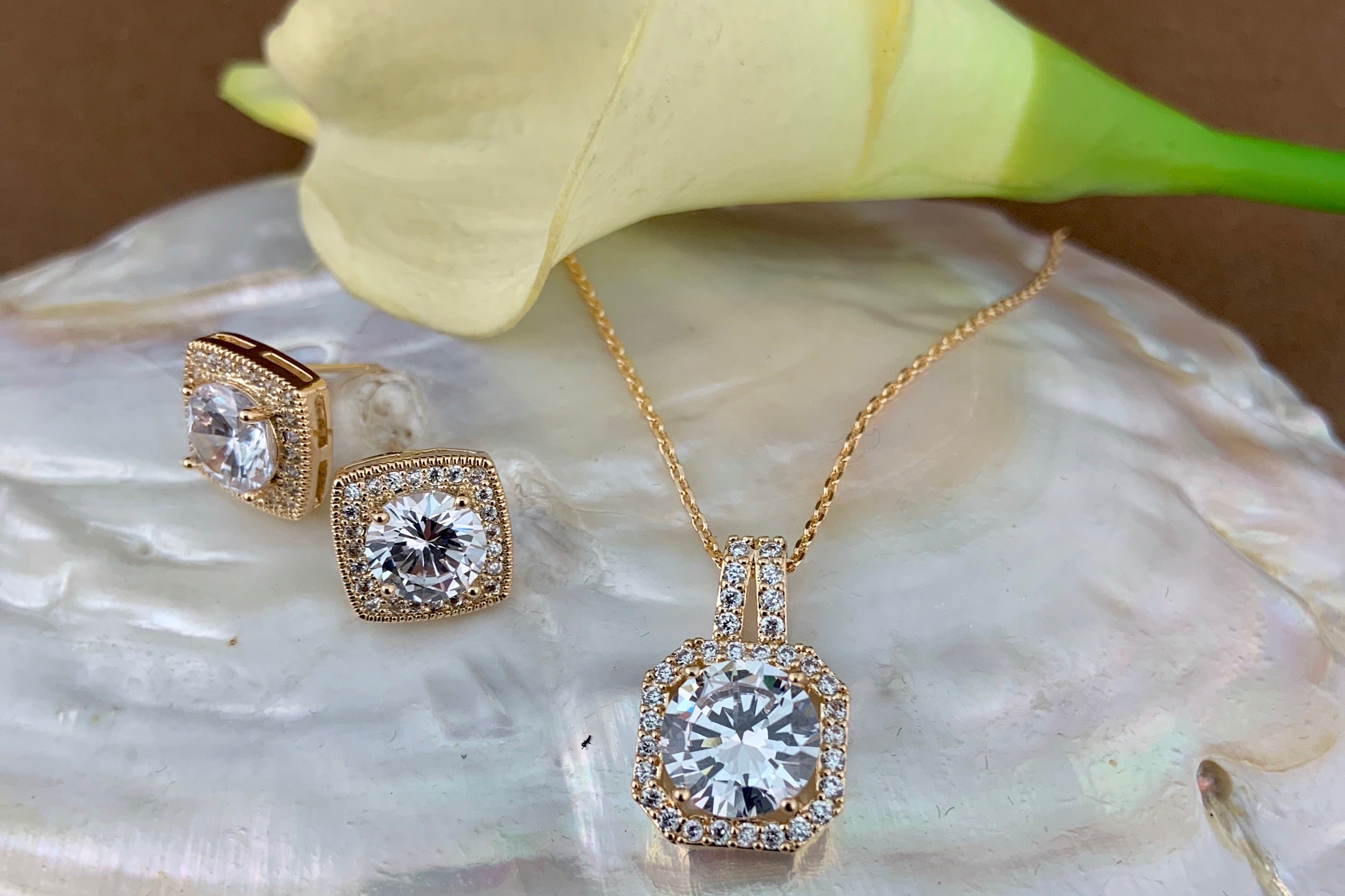 Bridal Cubic Zirconia Set, Square Halo Style Gold Bridal Set | Bellaire Wholesale