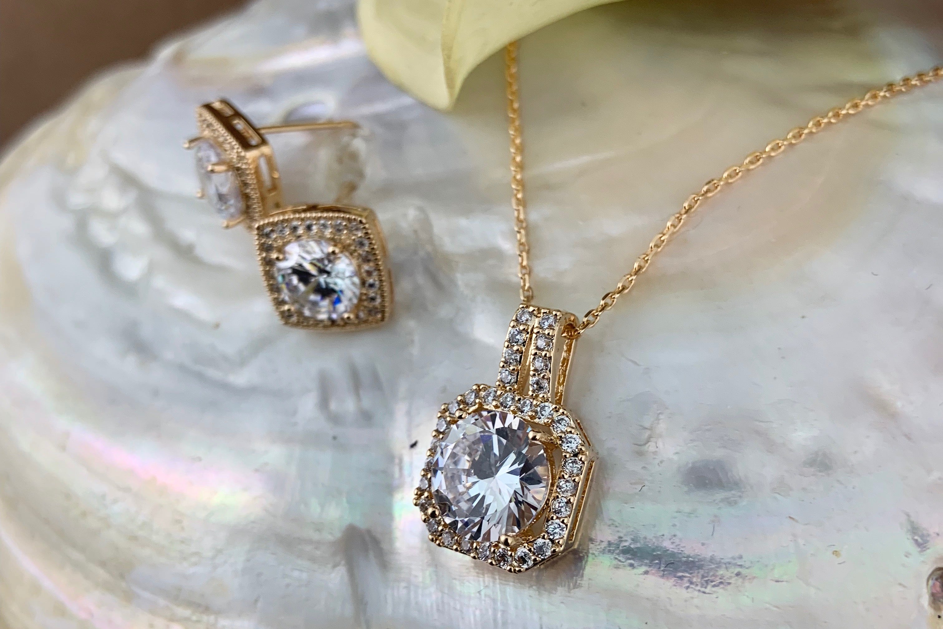 Bridal Cubic Zirconia Set, Square Halo Style Gold Bridal Set | Bellaire Wholesale